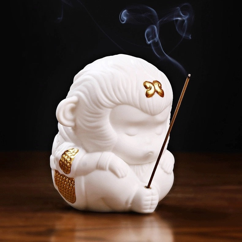 Wukong home Dehua white porcelain Zen incense holder tea table decoration tea pet hand-held pieces play study tea art Zen