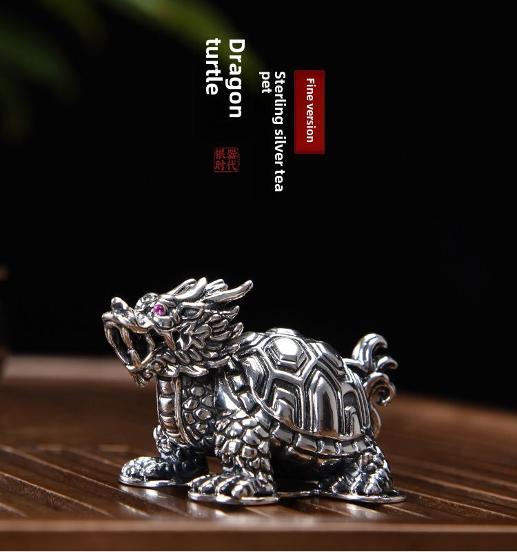 Silver Age 999 Pure Silver Dragon Turtle Tea Pet Creative Ancient Mythical Beast Lucky Xuanwu Tea Pet Personalized Tea Table Decoration