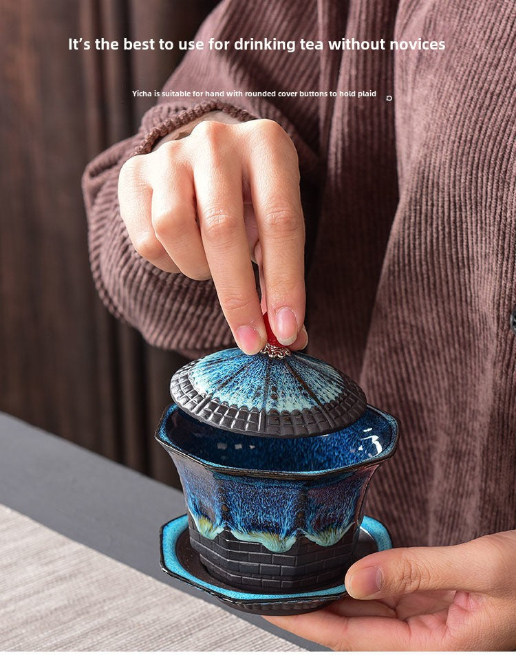 [The soup is not hot] Creative octagonal pagoda kiln-changed purple sand tea set household kung fu tea cup lid bowl travel tea set