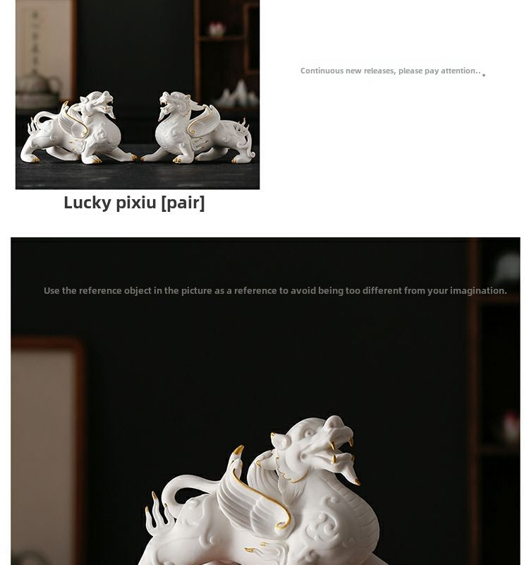 Creative auspicious beasts, lucky Pixiu, a pair of male and female white porcelain tea pets, new Chinese style living room office desktop decoration