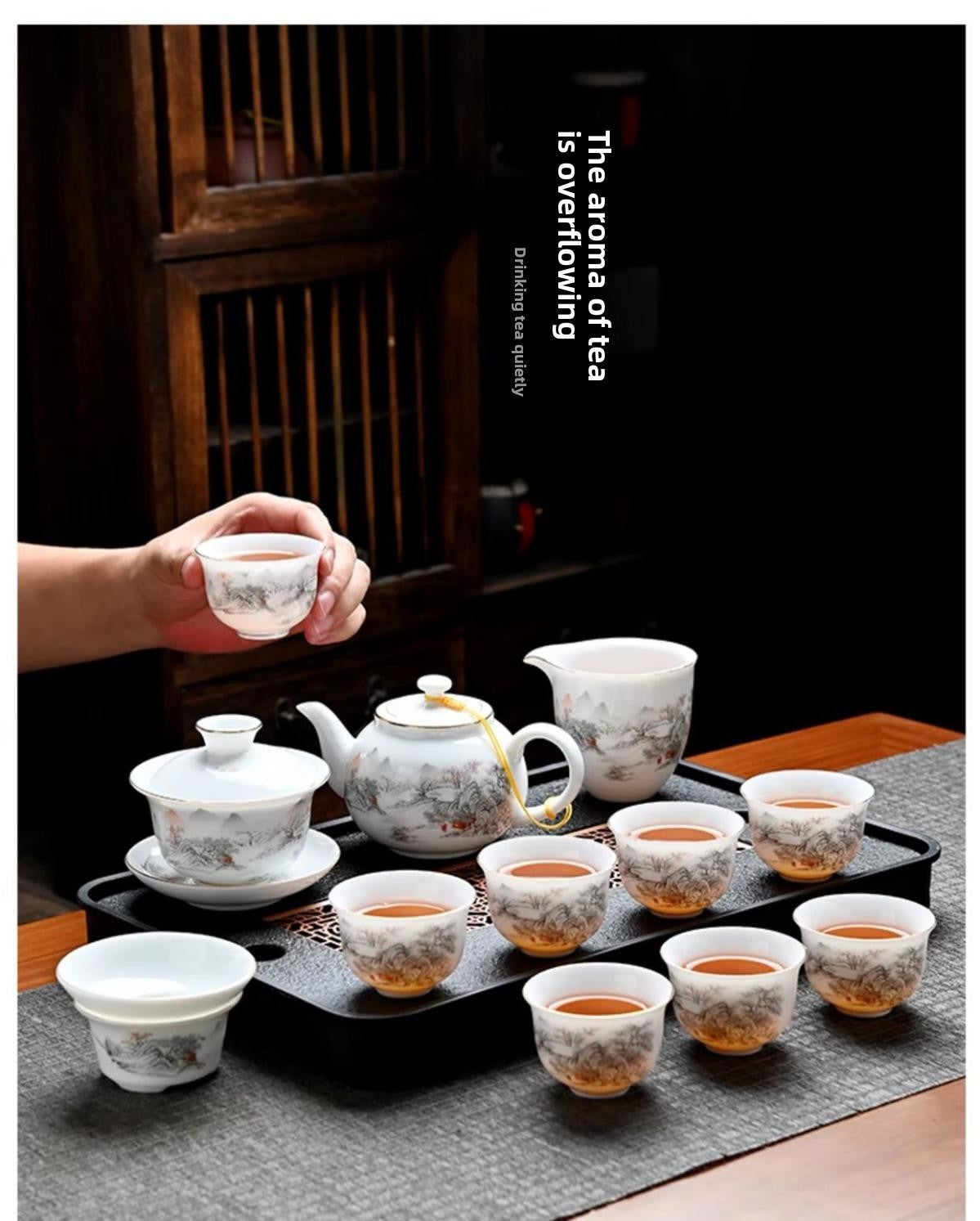 Ice-type mutton-fat jade white porcelain Kung Fu tea set home office reception ceramic covered bowl tea cup high-end gift box