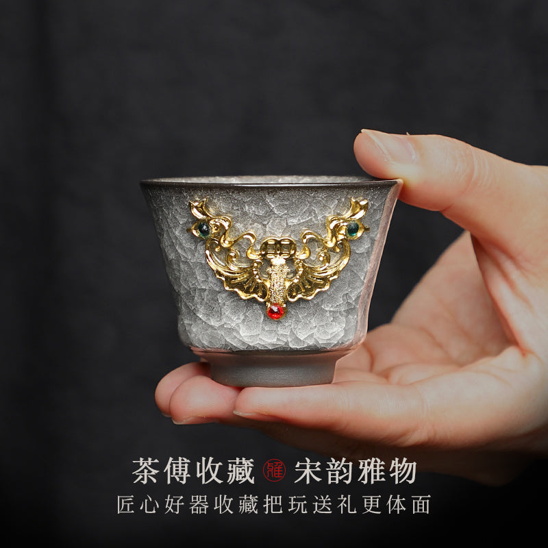 [Chinese style] Black ice flower gold inlaid jade tea cup home reception tea cup ceramic Kung Fu tea set single high-end tea cup host cup