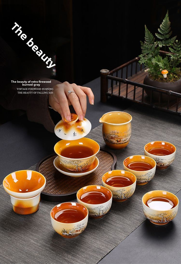 [Exquisite craftsmanship] Antique wood-fired Kung Fu tea set home office hand-painted tea cups and lids ceramic gift box high-end