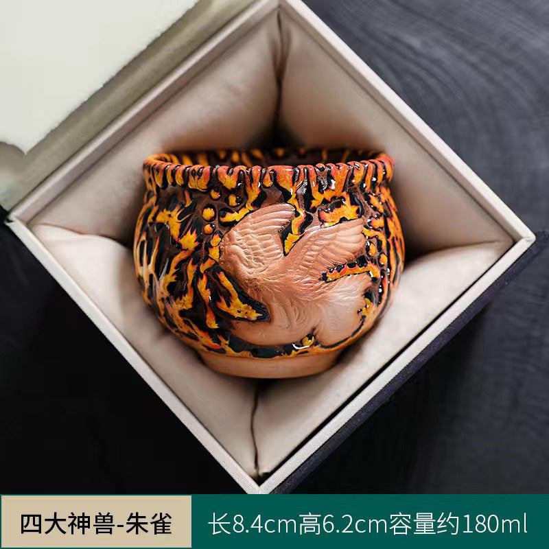 Ceramic Master Kiln Change Kung Fu Tea Set Personal Tea Cup Jianzhan Qinglong Four Tea Cups Mythical Beasts Home Single Cup Tea