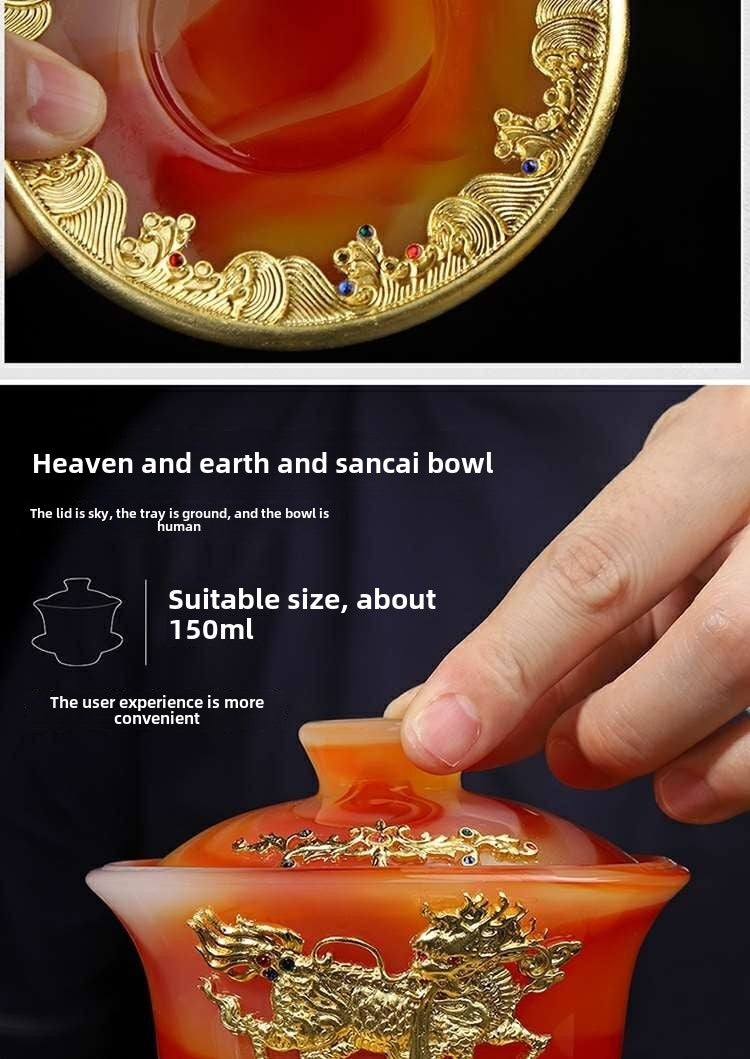 High-grade gold inlaid jade dragon and phoenix large covered bowl tea cup glazed jade tea bowl with lid tea set ancient kung fu tea bowl