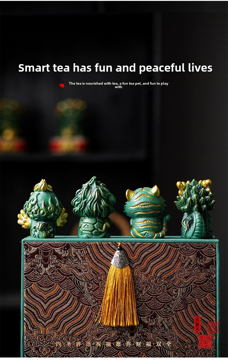 New Chinese style cute healing system fortune-attracting four beasts mascots blue sandstone tea pet ornaments Qinglong desktop decoration