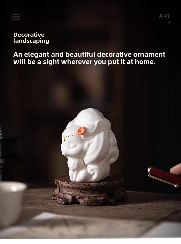 Dehua preferred cute white porcelain nine-tailed fox small ornaments tea ceremony tea table tea play tea pet ornaments desktop can be raised decoration