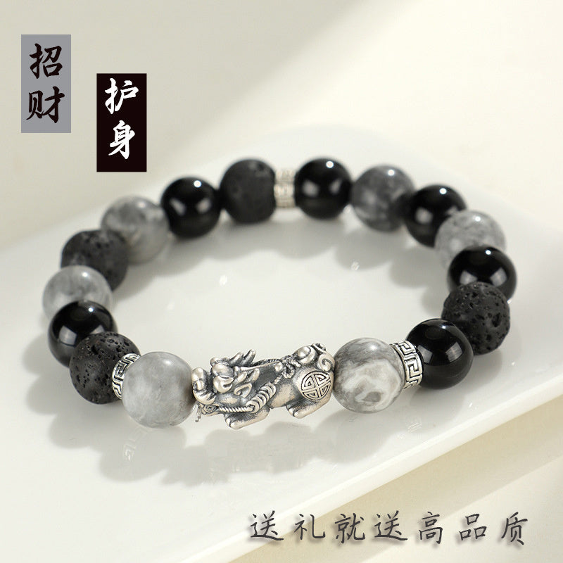 s999 silver lucky unicorn bracelet map stone obsidian body simple bracelet for father's day goddess day gift