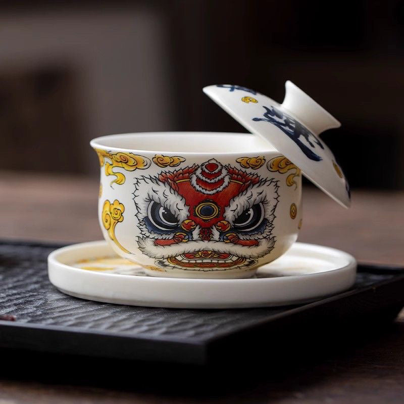 Retro new style hovering awakening lion time to turn luck Kung Fu tea set Sancai covered bowl creative ceramic tea bowl tea brewing covered bowl