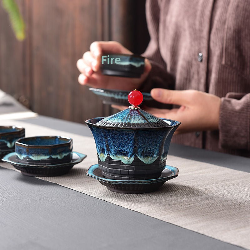 [The soup is not hot] Creative octagonal pagoda kiln-changed purple sand tea set household kung fu tea cup lid bowl travel tea set