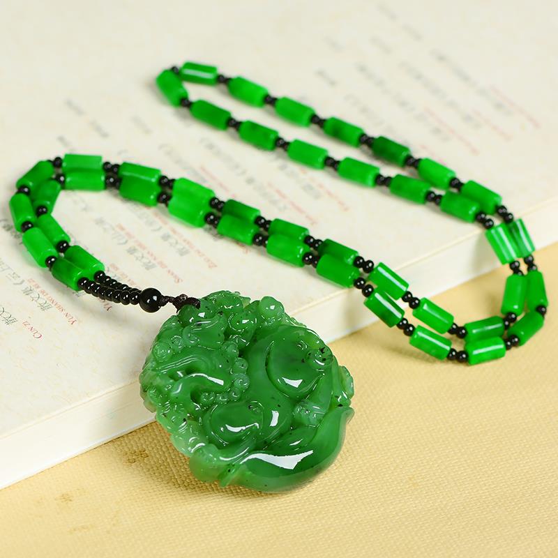 Hetian Jasper Green Jade Mongolian Jade Pendant Men's Pixiu Qilin Offering Treasure Jade Pendant Men's Fortune-Winning Necklace Lanyard Women's Pendant Sweater Chain with Lanyard