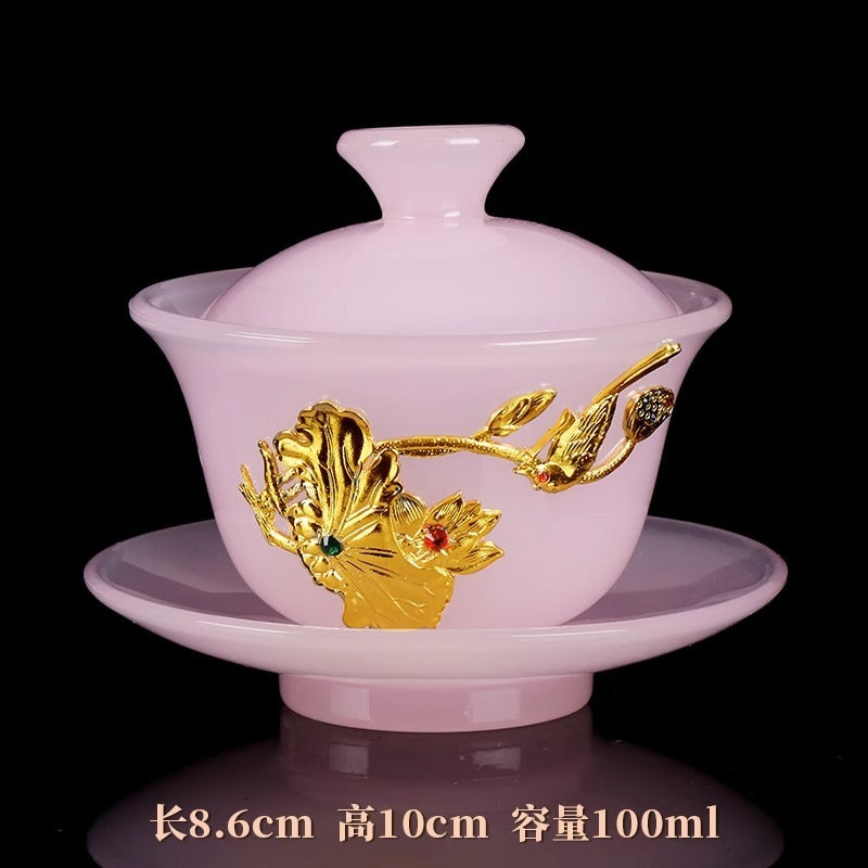 High-grade gold inlaid jade dragon and phoenix large covered bowl tea cup glazed jade tea bowl with lid tea set ancient kung fu tea bowl