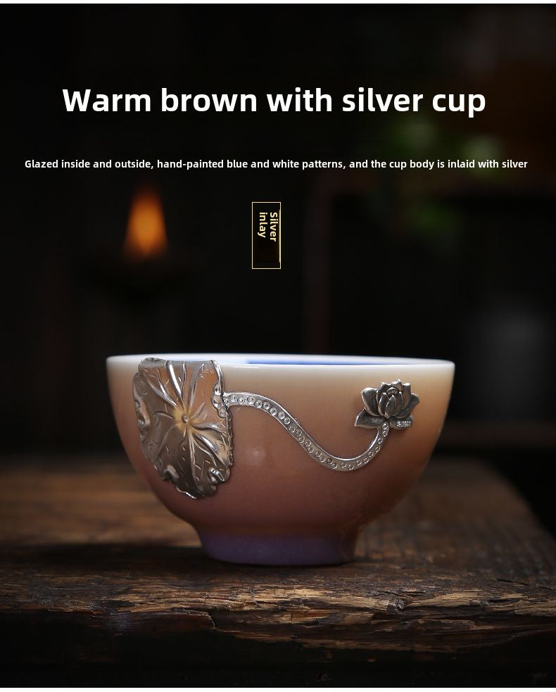 Kiln-changed silver-inlaid ceramic teacup sterling silver tea cup Kung Fu tea set Jianzhan master cup single cup tea bowl tea cup home use