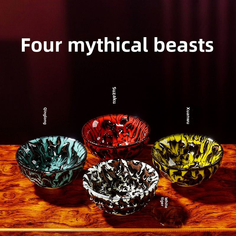 Jian kiln Jianzhan four mythical beasts blue dragon white tiger Suzaku Xuanwu tea cup shrink glaze tea cup tea set tea cup gift box