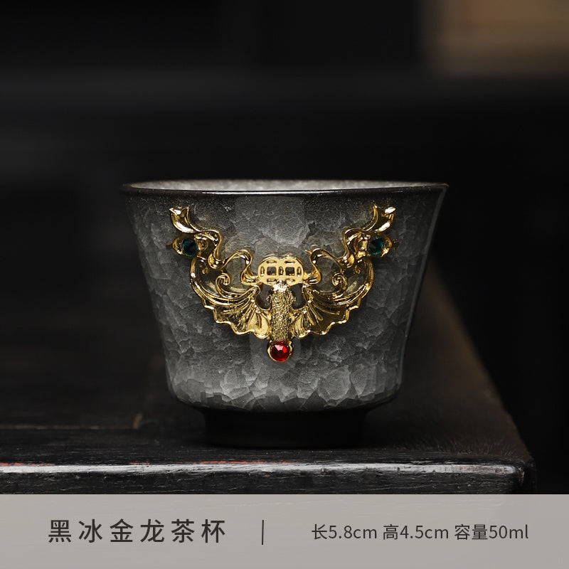 [Chinese style] Black ice flower gold inlaid jade tea cup home reception tea cup ceramic Kung Fu tea set single high-end tea cup host cup