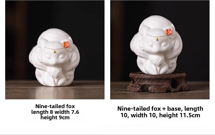 Dehua preferred cute white porcelain nine-tailed fox small ornaments tea ceremony tea table tea play tea pet ornaments desktop can be raised decoration