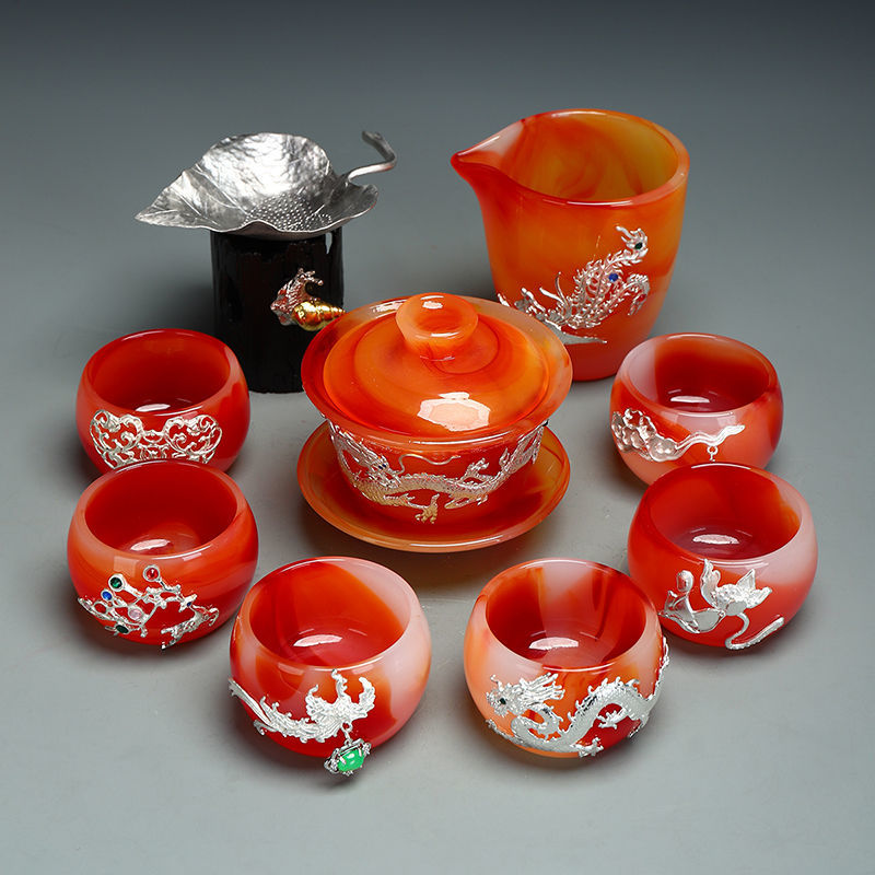 Qimeiyoupin gilded glazed bowl Kung Fu tea set office home agate jade tea cup gift box