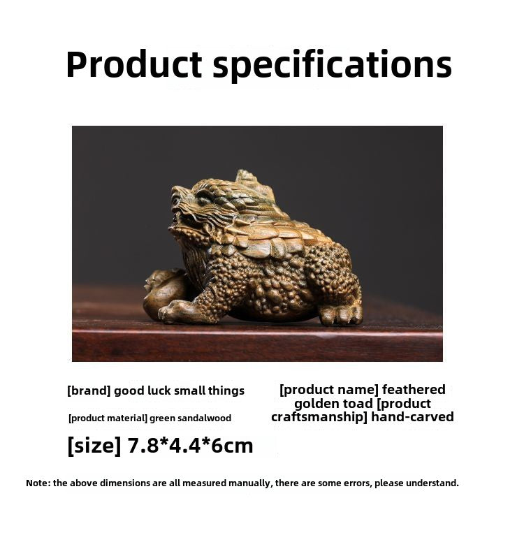 Natural green sandalwood carved feathered golden toad small ornaments to attract wealth three-legged golden toad play hand-held pieces home decorations