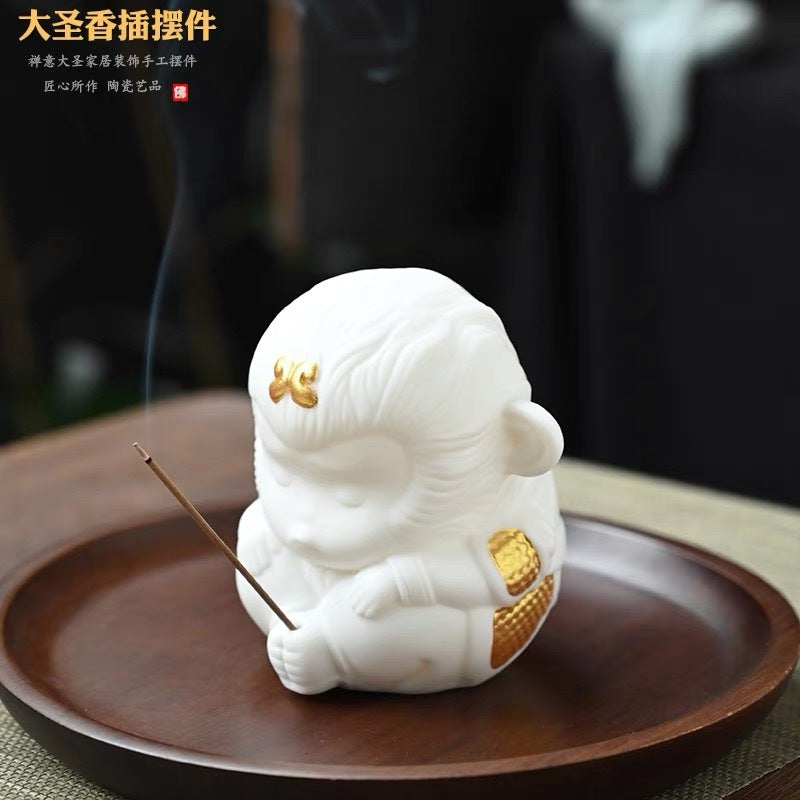 Wukong home Dehua white porcelain Zen incense holder tea table decoration tea pet hand-held pieces play study tea art Zen