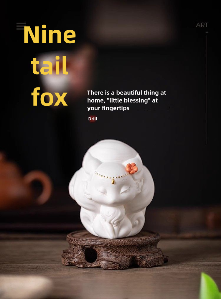 Dehua preferred cute white porcelain nine-tailed fox small ornaments tea ceremony tea table tea play tea pet ornaments desktop can be raised decoration