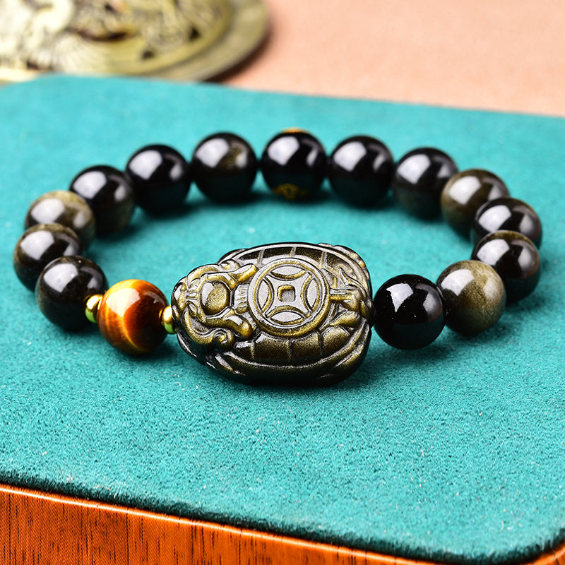 Gold Obsidian Dragon Turtle Bracelet Men's Obsidian Zodiac Buddha Beads Bracelet Transfer National Style Beaded Hand Jewelry Can Be Played