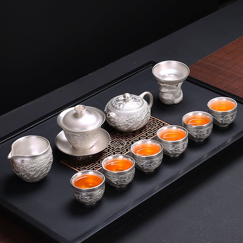 [Kaolin material] Enamel handmade ceramic silver-plated tea set 999 silver automatic tea set Kung Fu teacup tea brewing household teapot