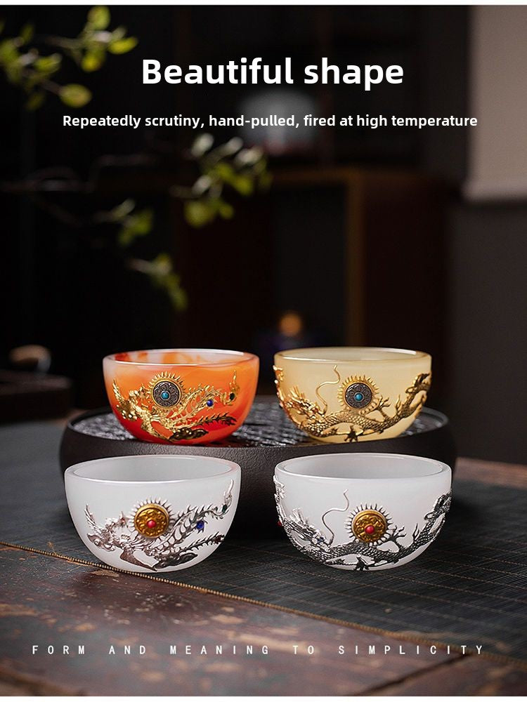 New hand-made silver-inlaid glazed jade white dragon and phoenix host tea cup single creative tea cup jade porcelain tea cup