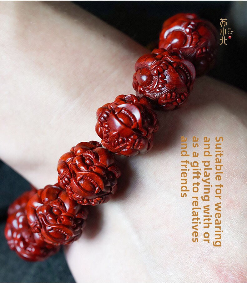 Authentic small-leaf red sandalwood bracelet, lucky Pixiu carved cliff cypress sandalwood rosewood bracelet, men's play bracelet