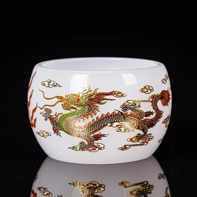 New hand-made silver-inlaid glazed jade white dragon and phoenix host tea cup single creative tea cup jade porcelain tea cup