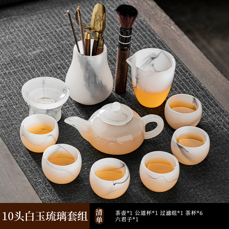 Mutton Fat Jade Porcelain Glass Kung Fu Tea Set 2025 New Light Luxury High-end Home Boutique High-end Tea Cup Set