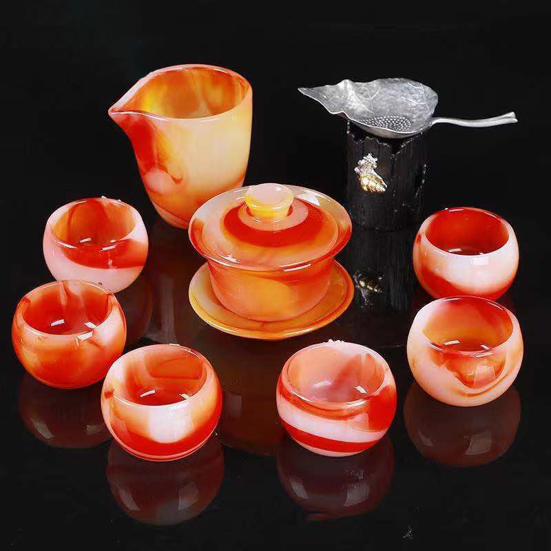 Qimeiyoupin gilded glazed bowl Kung Fu tea set office home agate jade tea cup gift box