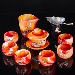 High-grade red agate jade porcelain Kung Fu tea set luxury natural glass lidded bowl tea cup office home gift