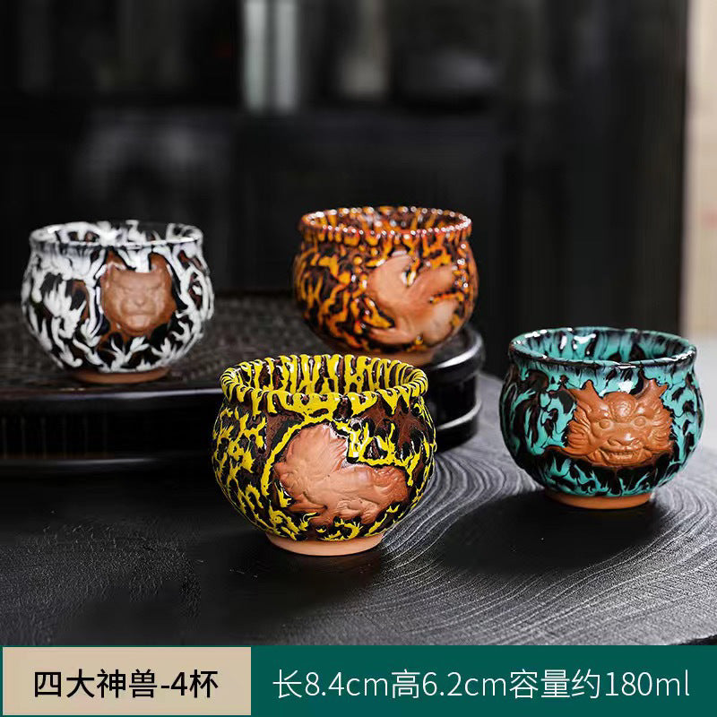 Ceramic Master Kiln Change Kung Fu Tea Set Personal Tea Cup Jianzhan Qinglong Four Tea Cups Mythical Beasts Home Single Cup Tea