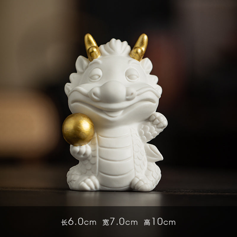 Creative white porcelain cute zodiac dragon tea pet ornaments lucky dragon tea ceremony tea play tea table decoration mascot gift