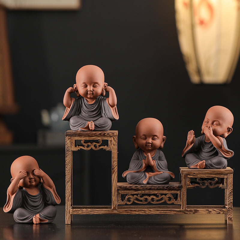 Chinese Zen Three Little Monks Cute Characters Ceramic Home Furnishings Office Desktop Zen Tea Pet Furnishings