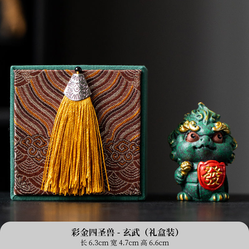 New Chinese style cute healing system fortune-attracting four beasts mascots blue sandstone tea pet ornaments Qinglong desktop decoration