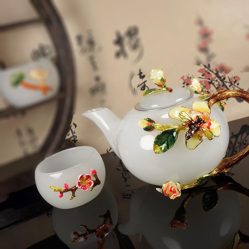 Xinjiang white jade flower blossoms with wealth and integrity, gold inlaid jade high-end home gift tea set Kung Fu jade cup!