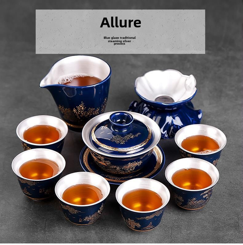 [Kaolin material] Enamel handmade ceramic silver-plated tea set 999 silver automatic tea set Kung Fu teacup tea brewing household teapot