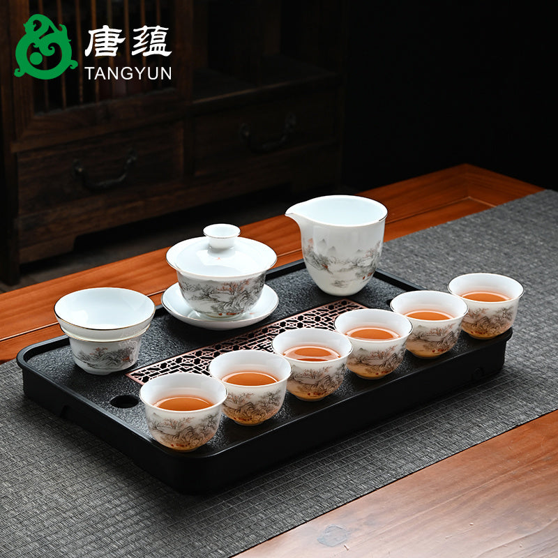 Ice-type mutton-fat jade white porcelain Kung Fu tea set home office reception ceramic covered bowl tea cup high-end gift box