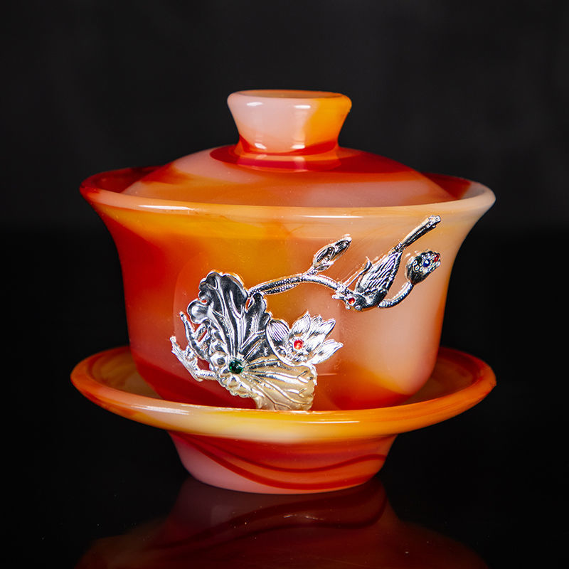 High-grade red agate jade porcelain Kung Fu tea set luxury natural glass lidded bowl tea cup office home gift