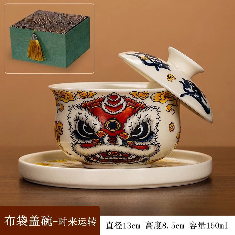 Retro new style hovering awakening lion time to turn luck Kung Fu tea set Sancai covered bowl creative ceramic tea bowl tea brewing covered bowl