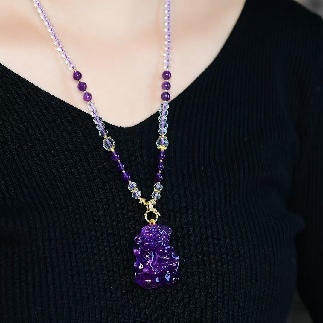 Three-dimensional carved natural Brazilian amethyst unicorn pendant necklace, sweater chain gift jewelry for men and women