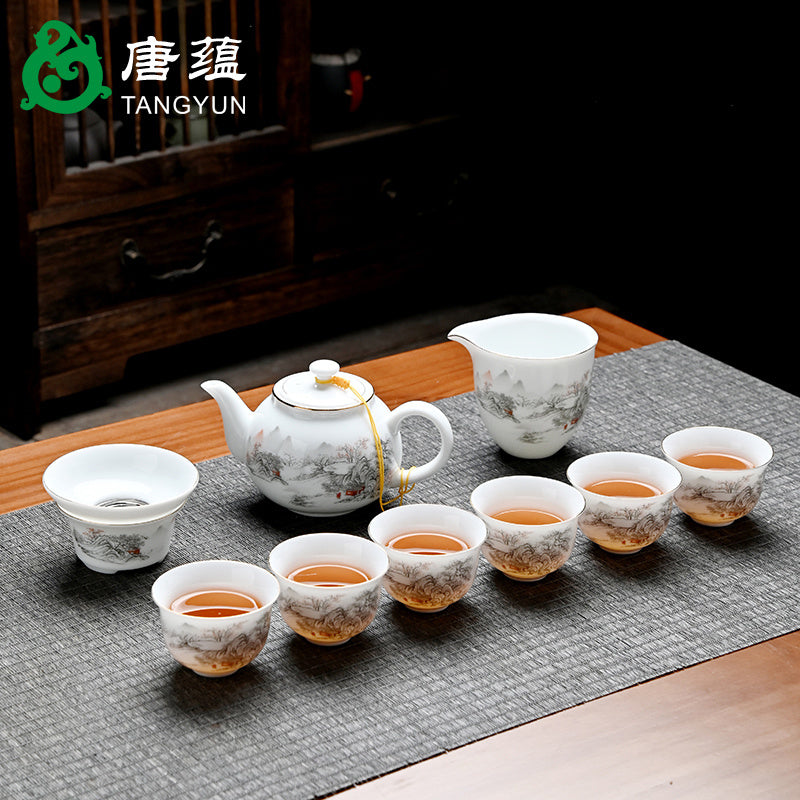 Ice-type mutton-fat jade white porcelain Kung Fu tea set home office reception ceramic covered bowl tea cup high-end gift box