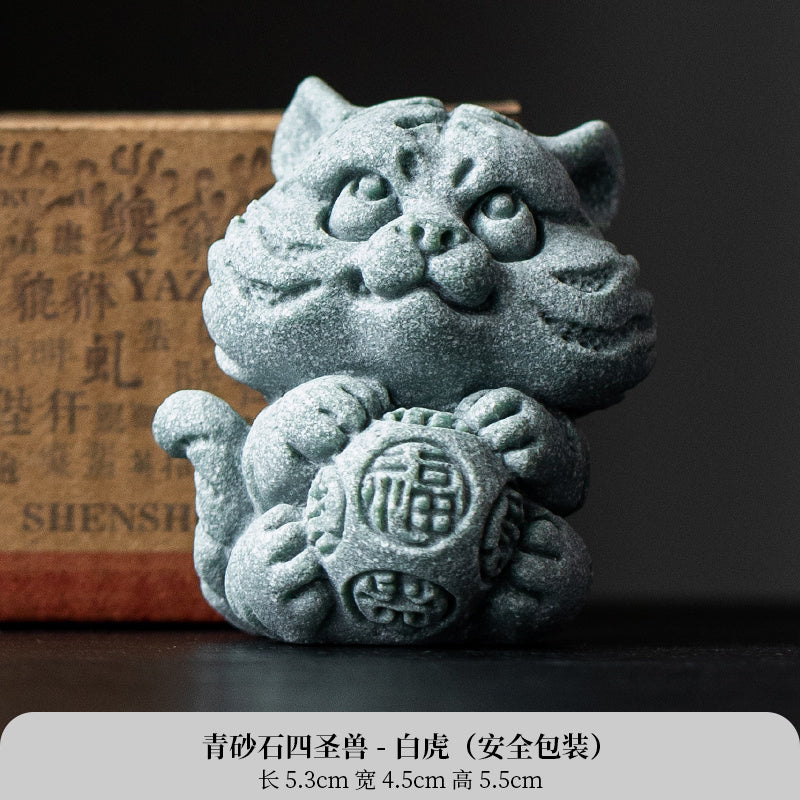 New Chinese style cute healing system fortune-attracting four beasts mascots blue sandstone tea pet ornaments Qinglong desktop decoration