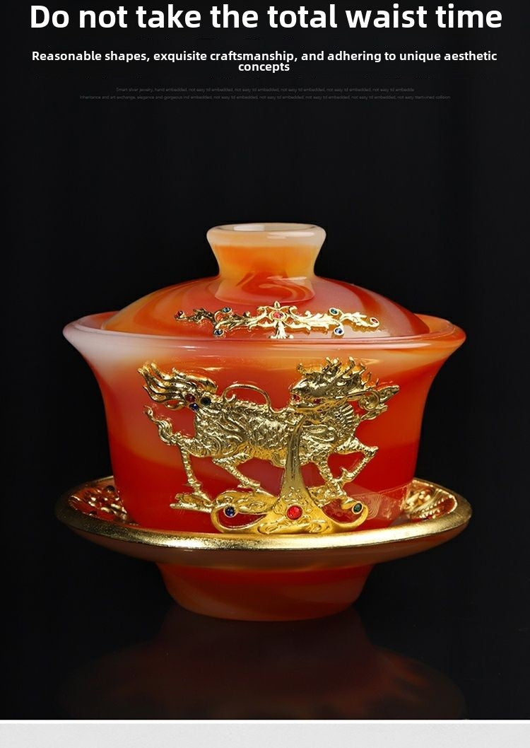 High-grade gold inlaid jade dragon and phoenix large covered bowl tea cup glazed jade tea bowl with lid tea set ancient kung fu tea bowl