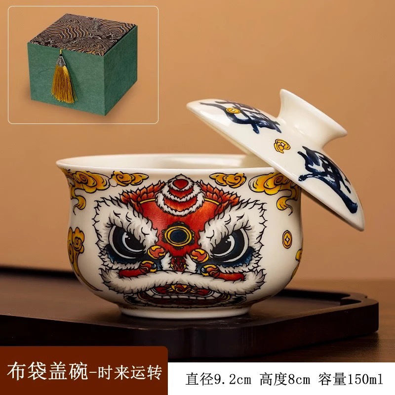 Retro new style hovering awakening lion time to turn luck Kung Fu tea set Sancai covered bowl creative ceramic tea bowl tea brewing covered bowl