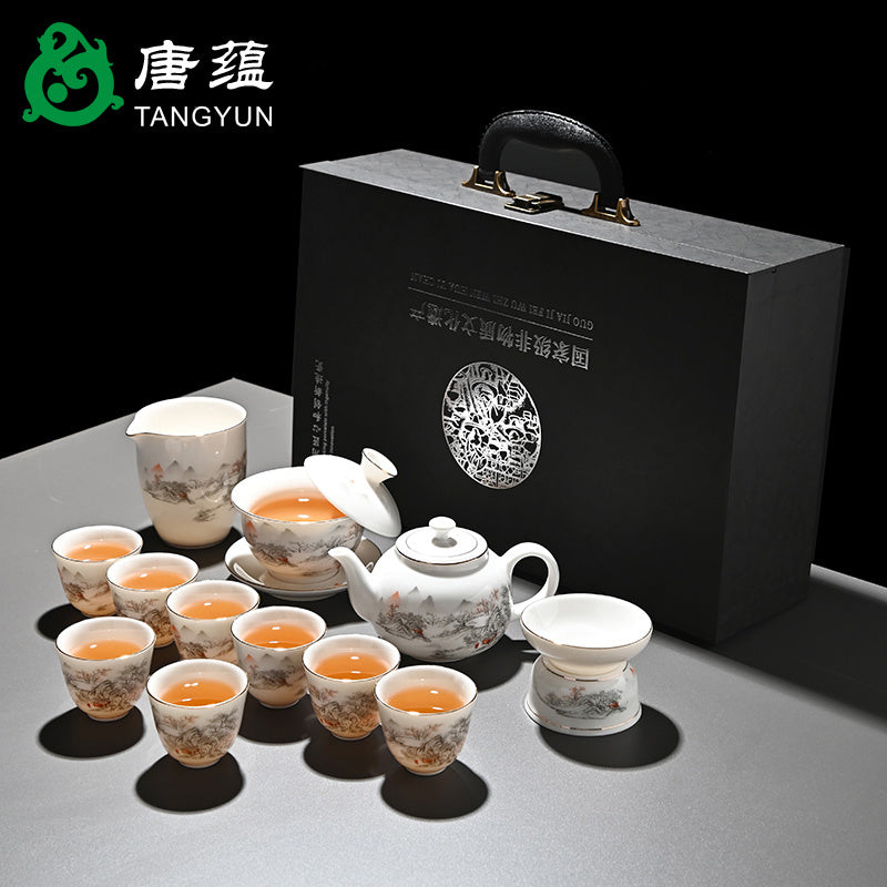 Ice-type mutton-fat jade white porcelain Kung Fu tea set home office reception ceramic covered bowl tea cup high-end gift box