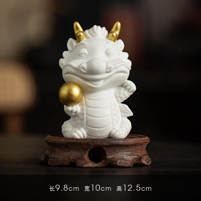 Creative white porcelain cute zodiac dragon tea pet ornaments lucky dragon tea ceremony tea play tea table decoration mascot gift