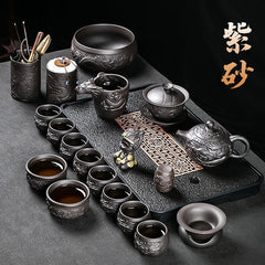 Longteng Sihai luxury purple sand tea set household tea tray office reception Kung Fu teapot covered bowl teacup