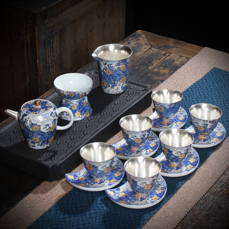 [Kaolin material] Enamel handmade ceramic silver-plated tea set 999 silver automatic tea set Kung Fu teacup tea brewing household teapot